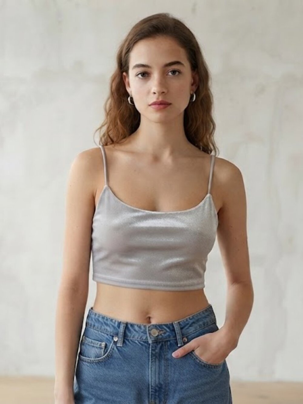 Silver Velvet Spaghetti Strap Crop Top
